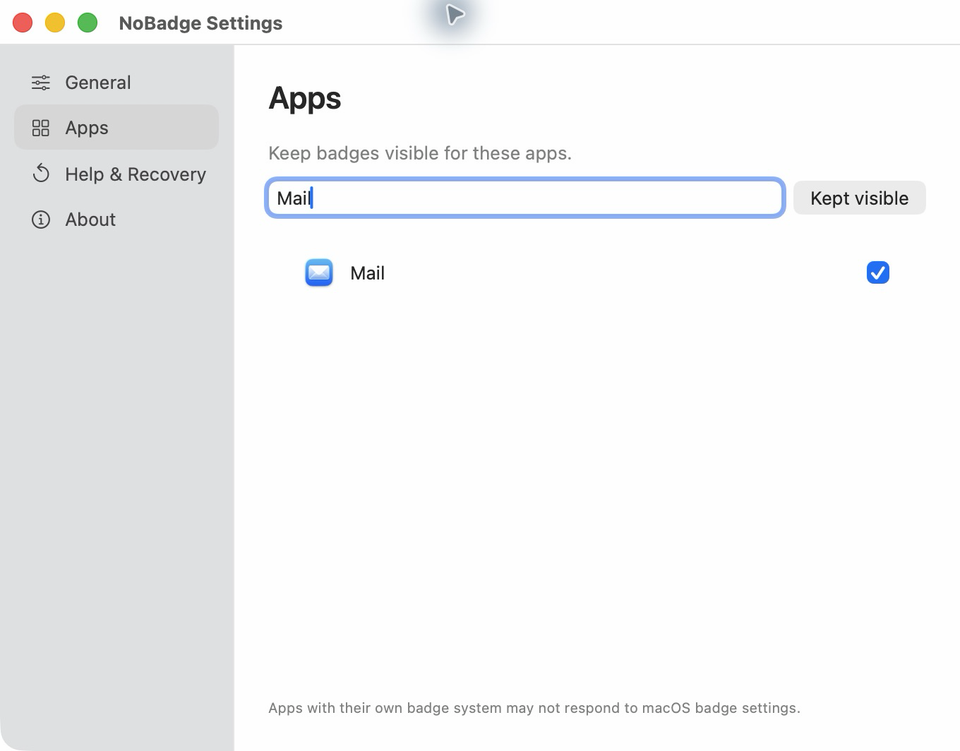 NoBadge Apps settings with Mail selected to keep its badges visible